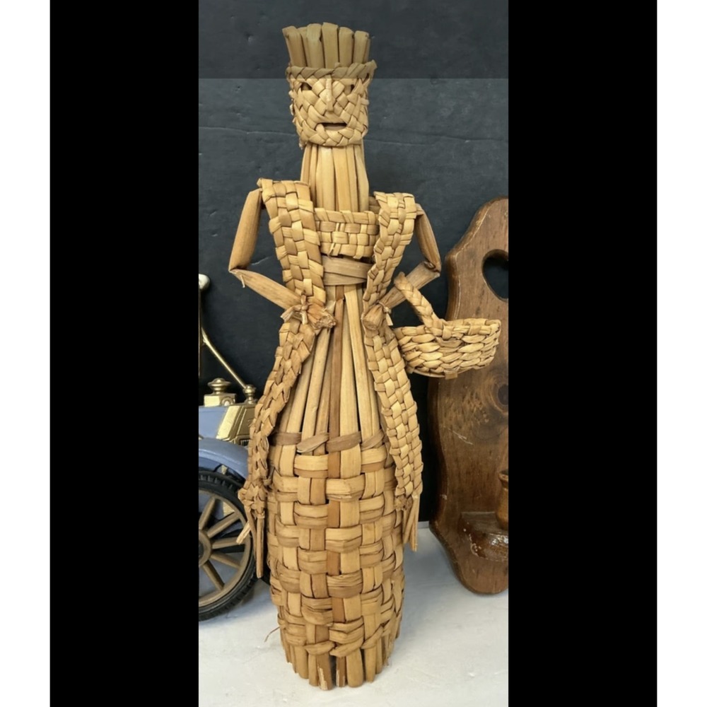 Vintage Woven Straw / Corn Husk Figurine Harvest Doll with Basket - Folk Art...